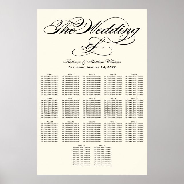 Elegant Black Calligraphy Wedding Seating Chart (Front)