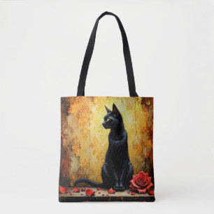  Elegant Black Cat and Red Rose Tote Bag
