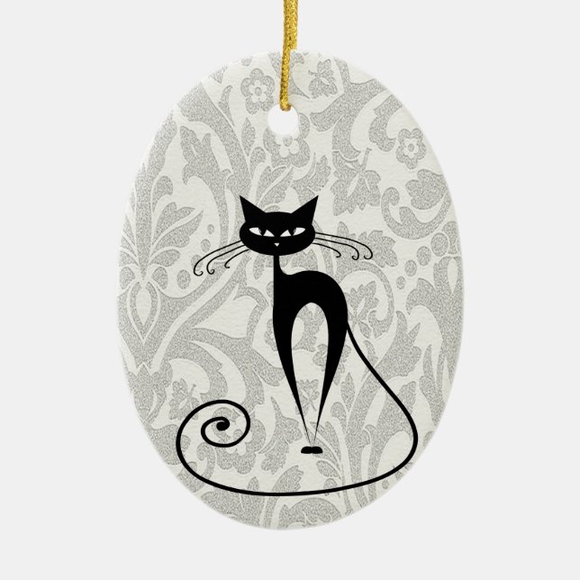 Elegant  black cat damask ceramic ornament (Front)