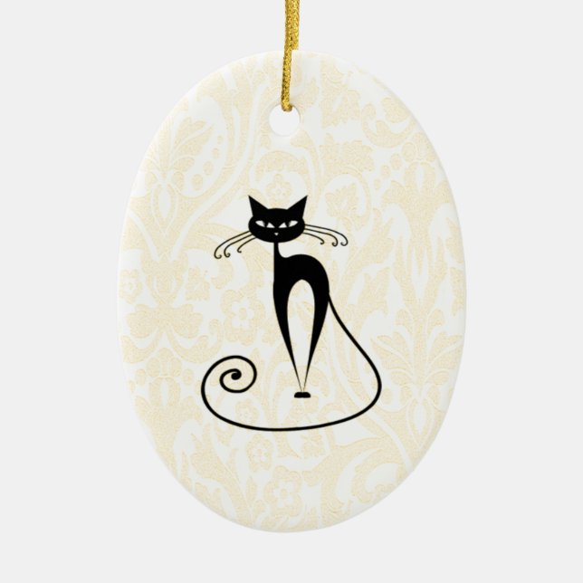 Elegant black cat damask vintage ceramic ornament (Front)