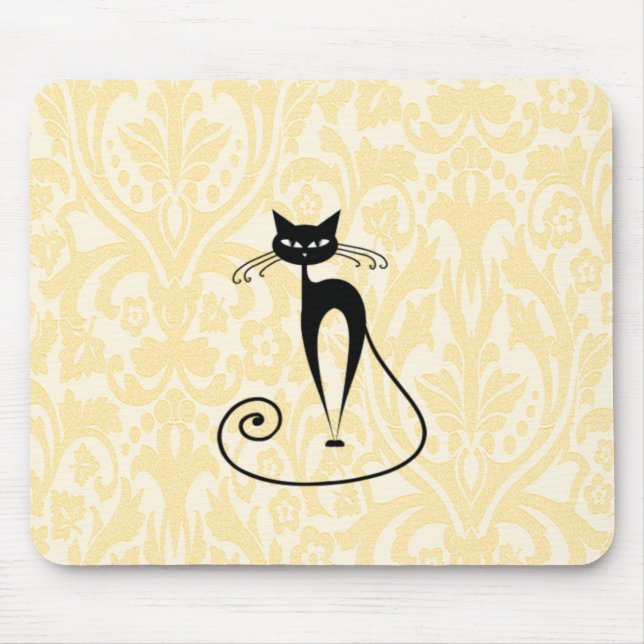 Elegant black cat damask vintage mouse pad (Front)
