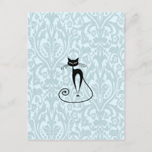 Elegant black cat damask vintage postcard