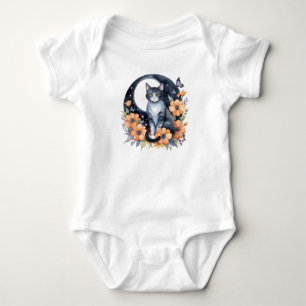 Elegant Black Cat Floral Moon Art Cat Lover Baby Bodysuit