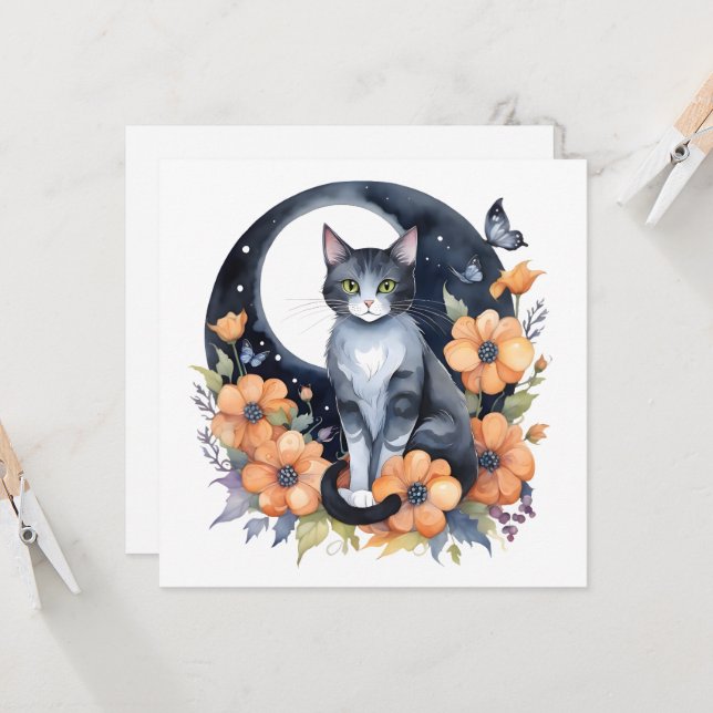 Elegant Black Cat Floral Moon Art Cat Lover Invitation (Front/Back In Situ)