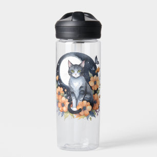 Elegant Black Cat Floral Moon Art Cat Lover Water Bottle
