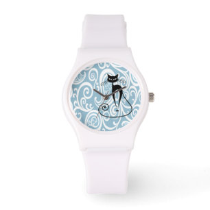 Elegant black cat gentle floral pattern watch