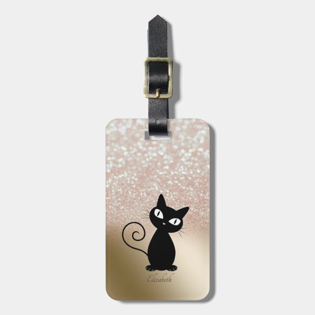 Elegant Black Cat, Glitter Bokeh - Personalized Luggage Tag (Front Vertical)