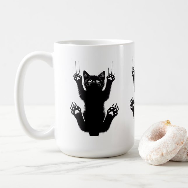 Elegant Black Cat Illustration Coffee Mug (With Donut)