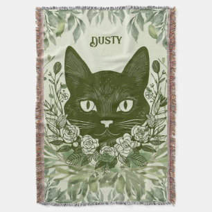 Elegant Black Cat in Foliage with Roses Throw Blanket