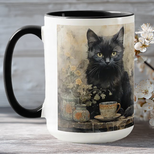 Elegant Black Cat Mug (Shabby Chic Black Cat Mug)