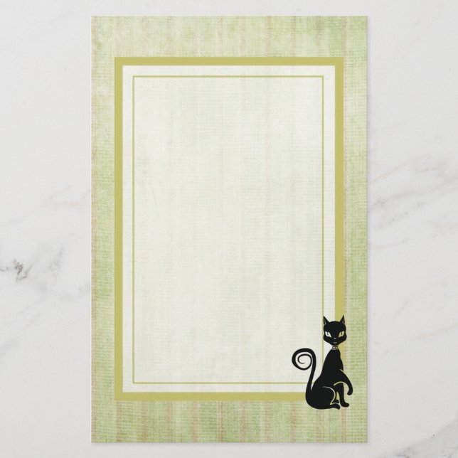 Elegant Black Cat On a Faded Striped Background Stationery (Front)