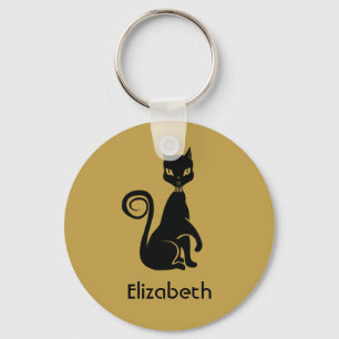 Elegant Black Cat on Gold Background Personalized Keychain
