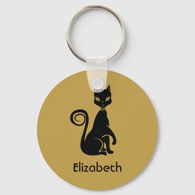 Elegant Black Cat on Gold Background Personalized Keychain (Front)