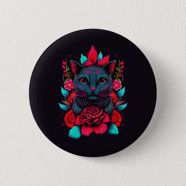 Elegant Black Cat Surrounded by Red Roses | 2 Inch Round Button (Front)