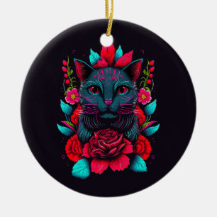 Elegant Black Cat Surrounded by Red Roses   Ceramic Ornament