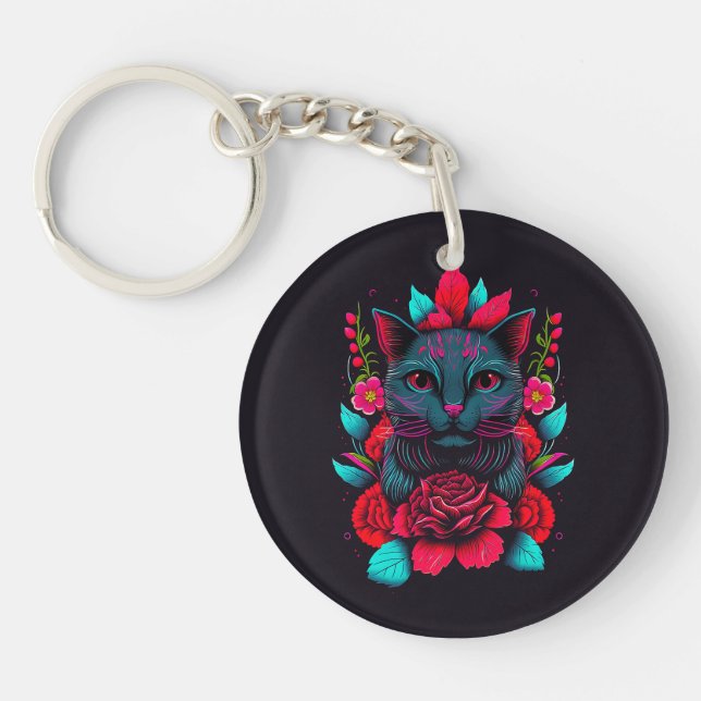 Elegant Black Cat Surrounded by Red Roses | Keychain (Front)
