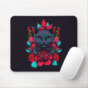Elegant Black Cat Surrounded by Red Roses   Mouse Pad