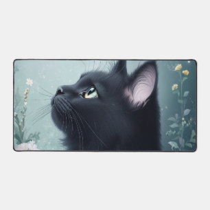 Elegant Black Cat Teal Mint Mystical Garden Desk Mat