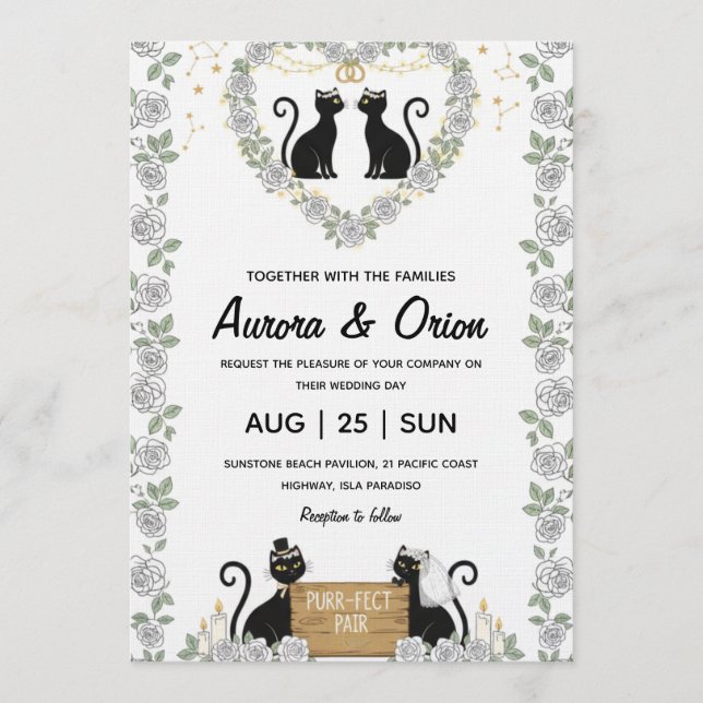 Elegant black cat wedding invitation (Front)