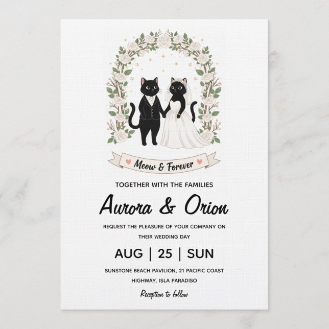 Elegant black cat wedding invitation (Front)