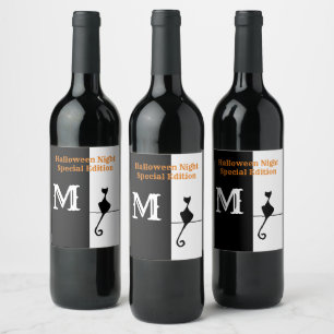 Elegant Black Cat with Initial Classic Wine Label