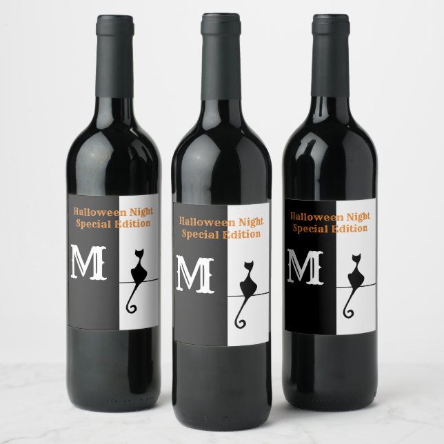 Elegant Black Cat with Initial Classic Wine Label (Bottles)