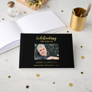 Elegant Black Celebration of Life Photo Memorial Guest Book