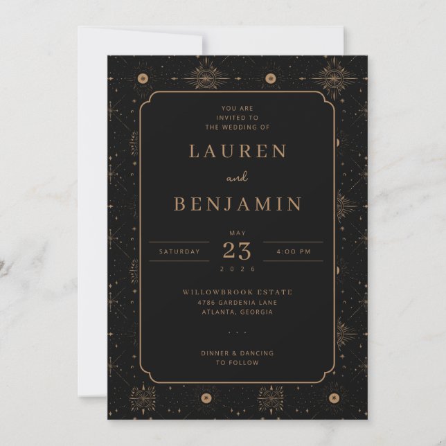 Elegant Black Celestial Stars Invitation (Front)