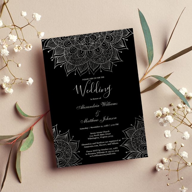Elegant black chic silver floral mandala Wedding Invitation (Elegant black chic silver floral mandala Wedding)