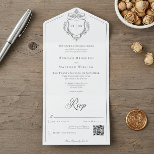 Elegant Black Chinoiserie Bird Crest Wedding QR All In One Invitation