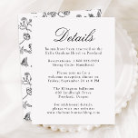 Elegant Black Chinoiserie Floral Wedding Details Enclosure Card<br><div class="desc">Complete your wedding suite with our Elegant Black and White Chinoiserie Victorian Floral wedding details card. This design features "Details" displayed in a black calligraphy script contrasting with a white background. Personalize the formal wedding details card with important wedding details such as your wedding venue, hotel accommodations, directions, and wedding...</div>