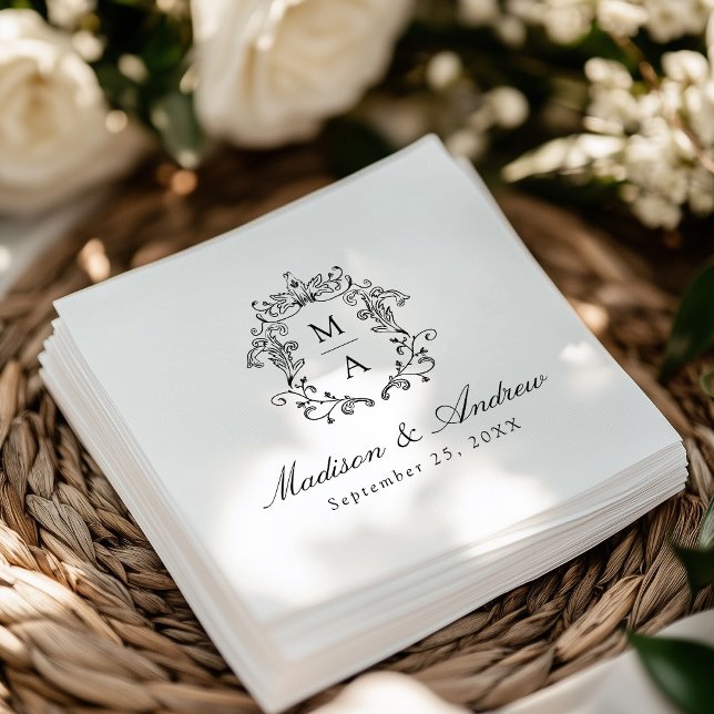 Elegant Black Chinoiserie Monogram Crest Wedding Napkin (Creator Uploaded)