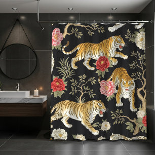 Elegant Black Chinoiserie Tiger and Peony Pattern