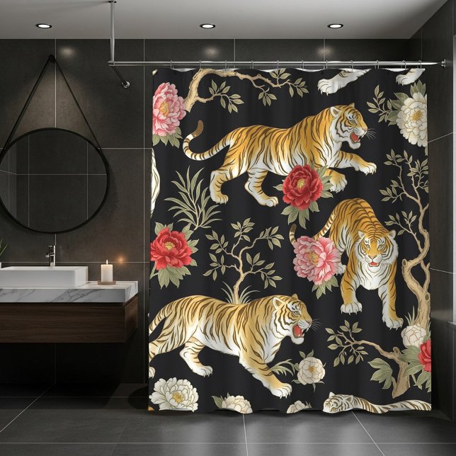 Elegant Black Chinoiserie Tiger and Peony Pattern (Creator Uploaded)