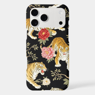 Elegant Black Chinoiserie Tiger and Peony Pattern