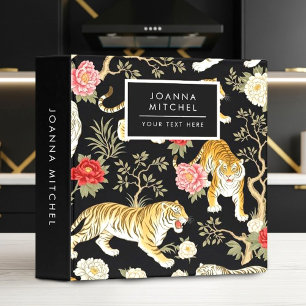 Elegant Black Chinoiserie Tiger and Peony Pattern Binder