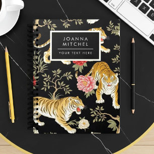 Elegant Black Chinoiserie Tiger and Peony Pattern Notebook