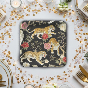 Elegant Black Chinoiserie Tiger and Peony Pattern Paper Plate