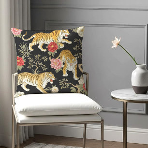 Elegant Black Chinoiserie Tiger and Peony Pattern Throw Pillow