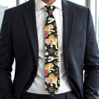 Elegant Black Chinoiserie Tiger and Peony Pattern Tie
