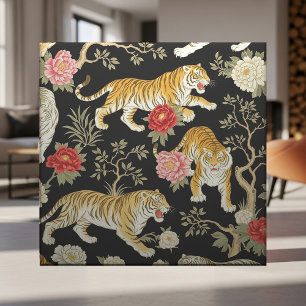 Elegant Black Chinoiserie Tiger and Peony Pattern Tile