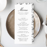 Elegant Black Chinoiserie Victorian Floral Wedding Menu<br><div class="desc">Create a stunning dining experience with our Elegant Black Chinoiserie Floral wedding menu. Featuring elegant black calligraphy on a crisp white background, this customizable menu allows couples to add their names, wedding date, and personalized menu offerings. The back showcases a beautiful black and white Chinoiserie floral pattern, adding a timeless...</div>