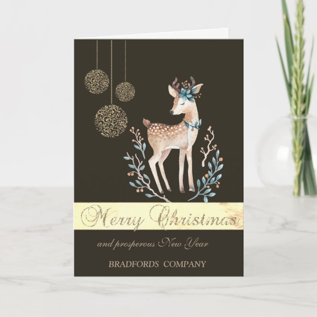 Elegant Black, Christmas Balls,Deer Holiday Card (Front)