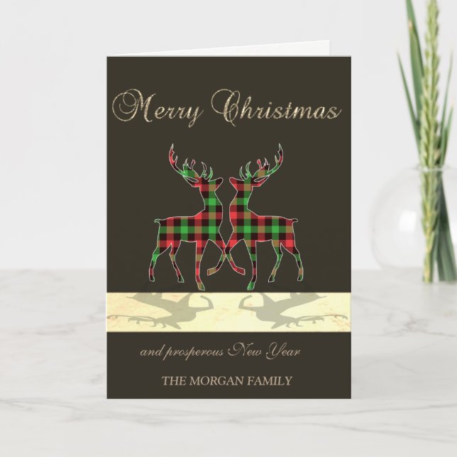 Elegant Black, Christmas Deers Buffalo Plaid Holiday Card (Front)