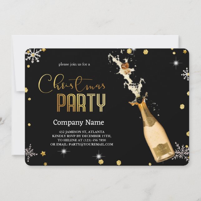 Elegant  Black Christmas Luxury Champagne Invitation (Front)