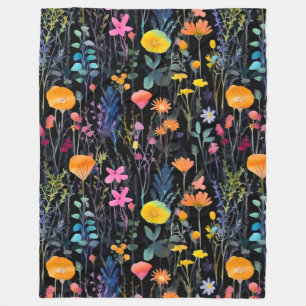 Elegant black colorful wildflowers watercolor fleece blanket