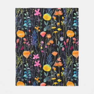 Elegant black colorful wildflowers watercolor fleece blanket