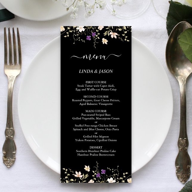 Elegant Black Colourful Wildflowers Floral Wedding Menu (Creator Uploaded)
