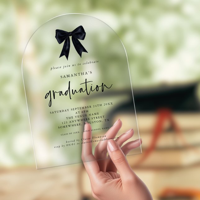 Elegant Black Coquette Bow Graduation Party Acrylic Invitations (Creator Uploaded)
