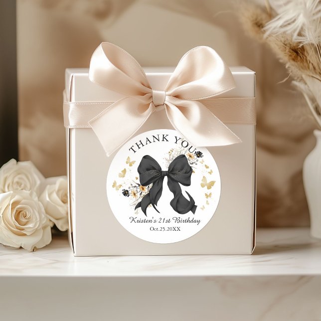 Elegant Black Coquette Bow Wildflowers Thank you Classic Round Sticker (Elegant Black Coquette Bow Thank you stickers)